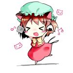  &gt;_&lt; animal_ears blush_stickers cat cat_ears cat_tail chen chibi food hat multiple_tails musical_note newspaper onigiri open_mouth running shichinose short_hair solo tail touhou 