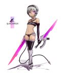  flat_chest gia gloves grey_hair headphones highres mecha_musume midriff navel original purple_eyes short_hair solo sword thighhighs violet_eyes weapon 