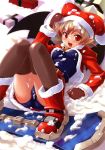  bat_wings bell blonde_hair blush christmas copyright_request fang gift highres jingle_bell kuuchuu_yousai lying mittens on_back pointy_ears red_eyes santa_costume school_swimsuit snow snowboard solo swimsuit swimsuit_under_clothes thighhighs wings 
