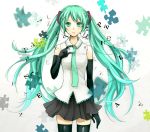  1girl aqua_eyes aqua_hair bad_id bare_shoulders elbow_gloves expressionless floating_hair gloves green_eyes green_hair hatsune_miku necktie puzzle_(vocaloid) puzzle_piece solo thigh-highs thighhighs twintails vocaloid yunco zettai_ryouiki 