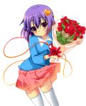  blouse blush bouquet flower heart kazuta_(kazutan62) komeiji_satori miniskirt pleated_skirt purple_hair red_eyes red_rose rose short_hair skirt smile solo thigh-highs thighhighs third_eye touhou white_legwear white_thighhighs zettai_ryouiki 