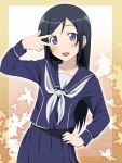  aragaki_ayase black_hair blue_eyes blush cosplay hand_on_hip hayami_saori hips ikari_manatsu leaf long_hair love_plus open_mouth ore_no_imouto_ga_konna_ni_kawaii_wake_ga_nai school_uniform seiyuu_connection serafuku skirt smile solo takane_manaka takane_manaka_(cosplay) v v_over_eye 