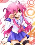  ;d ahoge angel_beats! belt colored demon_tail fang hand_on_hip long_hair long_sleeves necktie open_mouth pink_eyes pink_hair pleated_skirt sakura_neko school_uniform skirt smile solo tail two_side_up v_over_eye wink yui_(angel_beats!) 