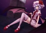  arm_support bat_wings clock clock_tower hat highres lavender_hair looking_at_viewer mary_janes open_mouth pointy_ears red_eyes red_shoes remilia_scarlet rooftop shoes short_hair sitting skirt skirt_lift smile solo thigh-highs thighhighs touhou tower utakata_(0824) white_legwear white_thighhighs wings 
