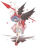  bloomers blue_hair fang foreshortening hat highres outstretched_arms pose red_eyes remilia_scarlet shadow shigurio short_hair simple_background solo spear_the_gungnir standing_on_one_leg torn_wings touhou wings 