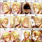  artist_request bad_id blonde_hair blue_eyes blush blush_stickers dorohedoro expressions fist_bump heart leir18 male ponytail shin stitches translated translation_request v young 
