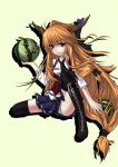  absurdres alternate_costume blonde_hair boots bow food fruit hair_bow harriken highres holding holding_fruit horns ibuki_suika long_hair orange_hair red_eyes simple_background smile solo thigh-highs thighhighs touhou watermelon 