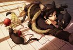  animal animal_ears bad_id ball bare_feet barefoot black_hair black_jacket cat cat_ears cat_tail coat durarara!! fur_trim highres jacket jewelry kemonomimi_mode laying orihara_izaya red_eyes ring sue910 tail yarn 