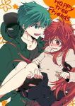  blush carrying couple dandruff dog_tags fingerless_gloves flaky flippy gloves green_eyes green_hair groping happy_tree_friends hat military military_uniform princess_carry red_eyes red_hair redhead skirt sweater uniform 