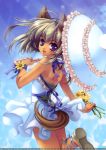  animal_ears ankle_lace-up arm_ribbon blonde_hair copyright_request cross-laced_footwear flower frills highres looking_back parasol ribbon riv solo tail tan tanline umbrella wrist_ribbon 