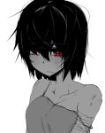  bandage black_hair bruise camisole collarbone copyright_request face injury kibana_tsuitachi monochrome red_eyes short_hair solo spot_color 