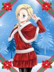  bianca black_legwear blonde_hair blue_eyes blush braid capelet christmas dragon_quest dragon_quest_v earrings flower hair_over_shoulder highres jewelry leggings long_hair pantyhose poinsettia santa_costume single_braid skirt smile snow tamamon tree v 