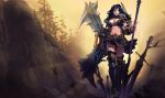  arrow bikini_armor black_hair blue_eyes boomerang boomerang_blade boots breasts cleavage league_of_legends midriff navel official_art pauldrons planted_arrow polearm sivir skirt solo spear sword thigh_boots thighhighs weapon 