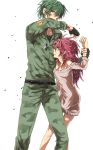  1girl bad_id belt blood couple dandruff dog_tags fingerless_gloves flaky flippy gloves green_eyes green_hair happy_tree_friends height_difference military military_uniform personification red_eyes red_hair redhead size_difference sweater_dress tears uniform wrist_grab yuki_(fuguneko) 