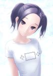  akahige arms_behind_back black_hair bust head_tilt highres kobayakawa_rinko love_plus love_plus_plus purple_eyes short_hair smile solo t-shirt twintails 