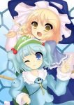  blonde_hair blue_eyes blue_hair kawashiro_nitori kirisame_marisa kumatoshi multiple_girls touhou yellow_eyes 