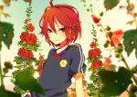  flower green_eyes hollyhock inazuma_eleven inazuma_eleven_(series) inazuma_japan kiyama_hiroto lightning_bolt male red_hair redhead short_hair soccer_uniform solo utaoka_(23com) 