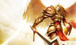  angel armor blonde_hair helmet kayle league_of_legends long_hair official_art solo sword tabard weapon wings 