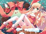  blonde_hair breasts canvas_3 cleavage garters green_eyes highres ribbon santa_costume thigh-highs thighhighs twintails 
