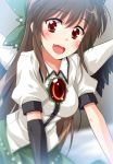  black_hair blurry bow brown_hair cape close-up depth_of_field fang hair_bow long_hair open_mouth plastic_eraser red_eyes reiuji_utsuho single_elbow_glove single_glove smile solo third_eye touhou wings 