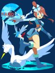  1girl blue_eyes fuuro_(pokemon) gloves gym_leader hair_ornament highres navel poke_ball pokemon pokemon_(creature) pokemon_(game) pokemon_black_and_white pokemon_bw red_hair redhead shaymin short_shorts shorts souji swanna wingull 