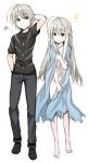  1girl accelerator_(cosplay) antenna_hair barefoot brown_eyes cosplay highres kasugano_haruka kasugano_sora last_order last_order_(cosplay) long_hair nude shichouson silver_hair sketch t-shirt to_aru_majutsu_no_index yosuga_no_sora 