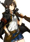  bow bracelet brown_eyes gun jacket_on_shoulders jewelry m1_carbine original pouch ress rifle short_hair simple_background skirt solo weapon 