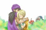  blonde_hair blush bracelet cape chinyan closed_eyes couple dragon_quest dragon_quest_v earrings evil_apple eyes_closed hair_over_shoulder hero_(dq5) hug jewelry monster slime_knight turban 