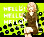  1girl bad_id boots candy dress green_eyes lollipop open_mouth original pink_hair short_hair sitting solo wink yunco 