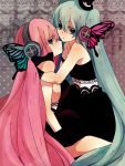  a229 aqua_eyes aqua_hair bad_id blue_eyes butterfly_hair_ornament butterfly_wings dress fingerless_gloves gloves hair_ornament hat hatsune_miku headphones long_hair magnet_(vocaloid) megurine_luka multiple_girls no_legwear pink_hair top_hat twintails vocaloid wings yuri 