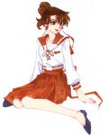  bishoujo_senshi_sailor_moon brown_hair earrings green_eyes hair_bobbles kino_makoto ponytail sailor_jupiter school_uniform sitting skirt smile 