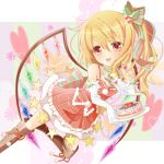  alternate_costume bad_id blonde_hair boots cake elbow_gloves fang flandre_scarlet food fork gloves nekosugiayana plate red_eyes side_ponytail solo thigh_boots thighhighs touhou wings 