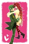  1girl bad_id boots couple dandruff eye_contact fatalizer flaky flippy green_hair happy_tree_friends height_difference highres holding hug looking_at_another military military_uniform personification red_hair redhead size_difference striped striped_legwear striped_thighhighs sweater_dress thigh-highs thighhighs uniform 