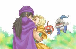  blonde_hair blush bracelet cape chinyan couple dragon_quest dragon_quest_v earrings evil_apple fangs hero_(dq5) hug incipient_kiss jewelry monster slime_knight surprised turban 