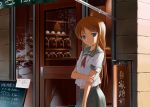  blue_eyes brown_hair cafe coffee coffee_shop hair_ornament hairclip hands holding_arm kakuno kousaka_kirino long_hair looking_at_viewer orange_hair ore_no_imouto_ga_konna_ni_kawaii_wake_ga_nai parted_lips school_uniform serafuku shop skirt solo 