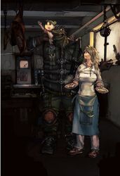  artist_request carrying child crossover dorohedoro food hachipuko_(hachi888) highres jiaozi koiwai_yotsuba nikaido outstretched_arm reaching shoulder_carry smile yotsubato! 