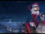  arcueid_brunestud bag bare_shoulders bell belt blonde_hair boots candy_cane cat choker christmas city cityscape gift hand_on_hat landscape len libert red_eyes rooftop sack santa_boots santa_costume scenery short_hair skindentation snow thigh_boots thighhighs tokyo_tower tsukihime type-moon 