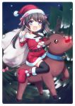  :d belt blue_eyes blush brown_hair christmas christmas_tree fang hat highres mani open_mouth original reindeer riding sack santa_costume santa_hat smile solo thigh-highs thighhighs twintails usashiro_mani zettai_ryouiki 