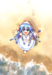  :d bad_id beach blue_eyes blue_hair dress from_above hat ikamusume long_hair looking_up open_mouth reaching shinryaku!_ikamusume smile solo tentacle_hair yokoshima_(tirimoti) 