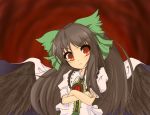  bow brown_hair can't_be_this_cute cape crossed_arms hair_bow kumatoshi long_hair orange_eyes red_eyes reiuji_utsuho solo touhou wings 