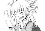  closed_eyes comic commentary commentary_request contemporary eyes_closed fujiwara_no_mokou laughing long_hair monochrome phone school_uniform shinoasa touhou translated waving 