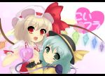  blonde_hair fang flandre_scarlet green_eyes green_hair heart komeiji_koishi kumatoshi multiple_girls red_eyes touhou wings yuri 