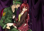  1girl cardigan couple dandruff dog_tags fatalizer flaky flippy green_hair happy_tree_friends hat military military_uniform pixiv_manga_sample pleated_skirt red_hair redhead sitting sitting_on_lap sitting_on_person skirt tears undressing uniform 