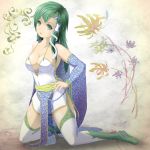  1girl adapted_costume bare_shoulders breasts cape cleavage cosplay detached_sleeves final_fantasy final_fantasy_iv frog green_eyes green_hair hair_ornament kochiya_sanae long_hair masatome rydia rydia_(cosplay) snake solo thighhighs touhou 