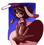  animal_ears bad_id brown_hair bunny_ears carrot clenched_teeth dress foreshortening grin hands highres inaba_tewi kansou_samehada kei_t_sr necklace pink_dress rabbit_ears red_eyes short_hair smile solo touhou 