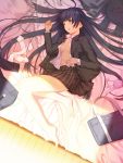 :p :q bag bare_legs barefoot bed black_eyes black_hair bra breasts feet from_above legs lingerie long_hair lying open_clothes open_mouth open_shirt original pink_bra purple_eyes school_uniform shirt skirt smile solo tongue underwear violet_eyes yamamoto_shima 