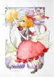  absurdres blonde_hair blue_eyes bubble_skirt character_name doll_joints dress flower graphite_(medium) h_sakray highres lily_of_the_valley medicine_melancholy moon reaching sakurai_haruto solo star sun touhou traditional_media watercolor_(medium) 