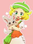  1girl bel_(pokemon) bell_(pokemon) blonde_hair fujisaki_(hjsk) green_hair hat hug hug_from_behind minccino pokemon pokemon_(creature) pokemon_(game) pokemon_black_and_white pokemon_bw 