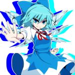  bad_id blue_eyes blue_hair bow cirno dress fighting_stance hair_bow neck_ribbon neko-san_(artist) neko-san_(dim.dream) ribbon short_hair smile solo touhou wings 