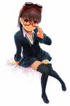  adjusting_glasses alternate_costume arm_support bespectacled dirty_face glasses god_eater god_eater_burst goggles goggles_on_head grey_hair kusunoki_rikka purple_hair red_eyes school_uniform shoes simple_background sitting smile solo thigh-highs thighhighs unbuttoned wankosukii 